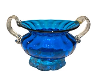 Vintage Turquoise Blue Optic Vase or Candy Dish with 2 Handles