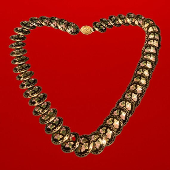 Collier Vintage Pendentif Double Face émail Cloisonné - Papillon Et Fleur Rouge/blanc