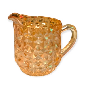 Vintage Jeanette Iridescent Glass Marigold Milk Pitcher Holiday Buttons and Bows