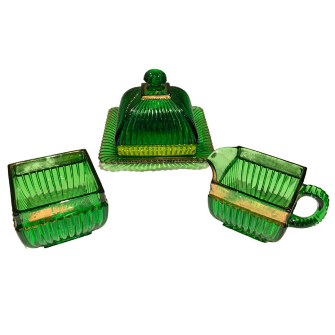 EAPG US Glass NY Emerald Green Butter Dish Cream and Sugar Set Etsy