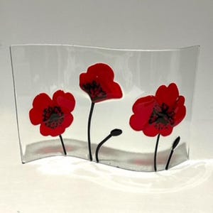 Vintage Fused Glass Curved Free Standing Wave with 3 Poppies Decoration