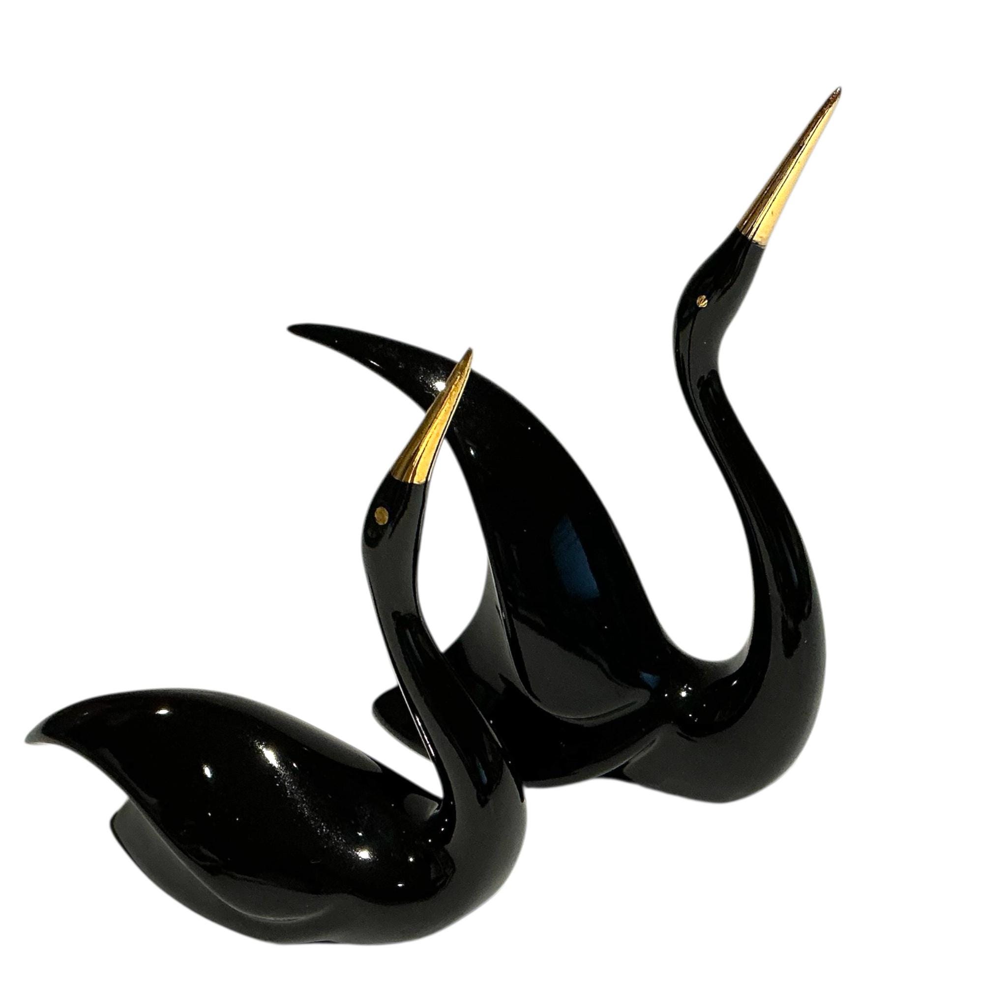 Set of 2 Vintage Giftcraft Ceramic Black Swan Figurines with Gold Eyes and Beaks