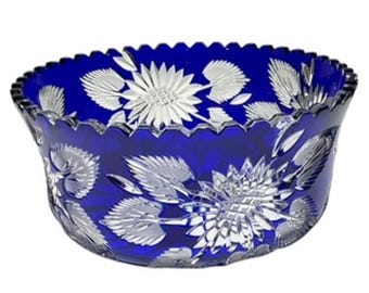 Bohemian Cobalt Blue Cut to Clear Crystal  Bowl with Saw tooth Edge - READ