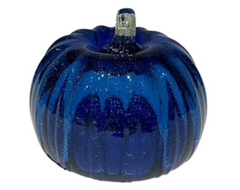 Vintage Unique Bubble Art Glass Cobalt Blue Pumpkin - 3.5 Inches Tall