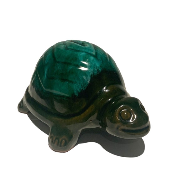 Tirelire vintage Tortue verte et noire en poterie Canuck émaillée