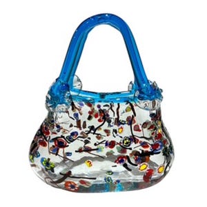 Vintage Murano Art Glass Purse Vase with Blue Handles and Millefiori Flowers 7.5 Inches Tall