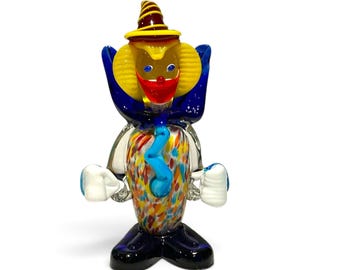 Vintage Murano Venetian Art Glass Clown with Red and Yellow Striped Hat and Cobalt Blue Cape 6"