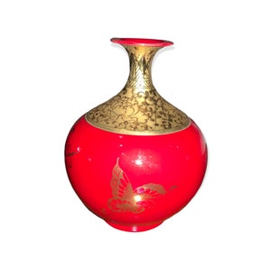 Rare Tai-Hwa Pottery Joyful Red Gold Urn Vase 6"