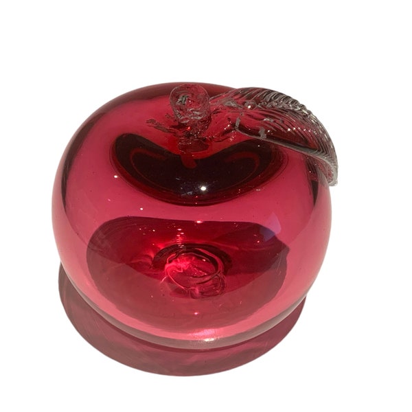 Vintage Signed Angelo Rossi Cranberry Glass Apple Paperweight