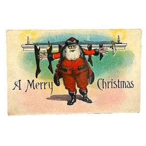 Antica cartolina di Natale del 1924 con Babbo Natale e un mantello di calze