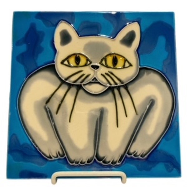 Hand Painted Gray and Tan Cat with Yellow Eyes Wall or Shelf Ceramic Tile