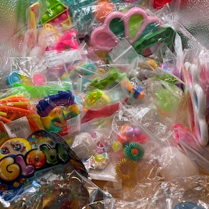 Op de afbeelding: Een verscheidenheid aan kleurrijke fidget-speelgoed in plastic zakken. De speelgoed omvat pop-it fidget-speelgoed, slijm, stressballen en sensorische ringen.