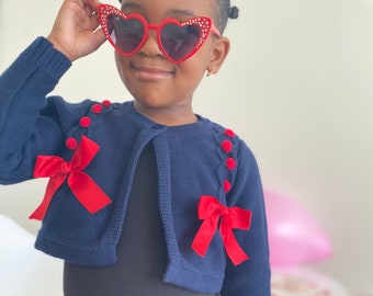 Kid Girl Cardigan | Toddler Girl Sweater, Pink White Bow Red Navy Blue Bow Cardigan, Crop Knit Cardigan, Girls Kids Valentine's Day Sweater