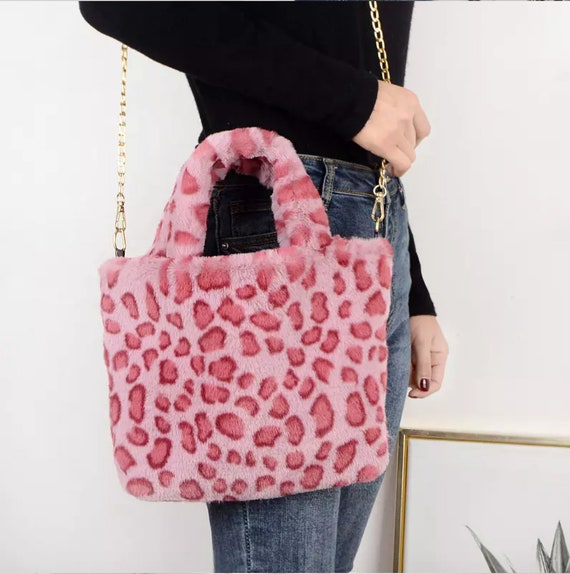 Pink Faux Fur Fuzzy Cheetah Print Tote Bag Hand Bag in