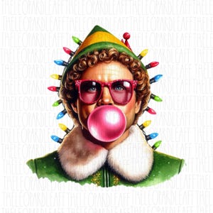 May include: A digital illustration of Buddy the Elf from the movie Elf, wearing a green elf hat with a yellow trim, a green elf suit, pink sunglasses, and blowing a pink bubble. He is surrounded by colorful Christmas lights.