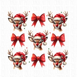 May include: A seamless pattern featuring a red-nosed reindeer wearing a Santa hat and a red bow. The reindeer is repeated throughout the pattern on a white background.