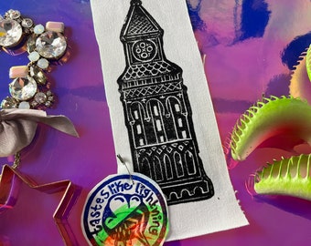 Fantasy Tower Fabric Patch/ Lino Print Patch/ Sewable Patch/ Machine Washable/ Hand Printed/ punk patch/  Architectural/ historical tower