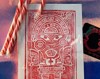 Aztec Robot Lino Block Print Wall Art