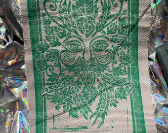 Green Man Fabric Patch - Lino Printed by Hand