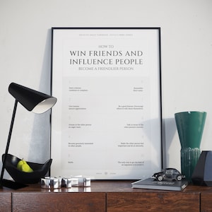 May include: A black and white poster with the title "How to Win Friends and Influence People" and a list of ten tips for becoming a friendlier person. The poster is framed in black and hanging on a white wall.
