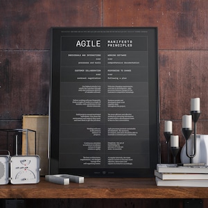 AGILE Manifest & Prinzipien | Zwölf Agile Werte | Scrum Master | DUNKEL | Gedrucktes Poster