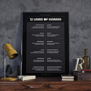 12 Gesetze des Karma | DUNKEL | Yoga Kunst | Karma Wandkunst | Gedrucktes Poster