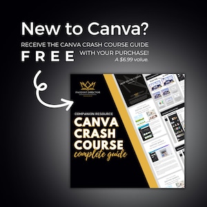 Op de afbeelding: Een zwarte en gouden digitale gids met de titel "Canva Crash Course complete guide" met de tekst "Companion Resource" en "Pageant Director Resource" op de omslag.