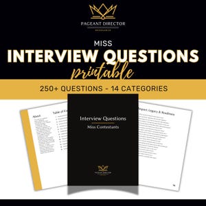 Pode incluir: Um documento imprimível em preto e dourado intitulado "Perguntas da Entrevista" para as concorrentes. O documento inclui mais de 250 perguntas em 14 categorias. A imagem também mostra páginas de amostra com perguntas da entrevista.