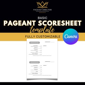 Może przedstawiać: Czarno-biały, drukowalny szablon arkusza punktacji konkursu piękności z tekstem "BASIC PAGEANT SCORESHEET template" w dużych, pogrubionych, białych literach. Szablon jest w pełni konfigurowalny i można go edytować za pomocą Canva.