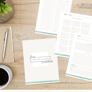 May include: A 70-page workbook with the title "My Chapter Planner Workbook" in a minimalist design. The workbook is open to several pages, including chapter summaries and plot points. A pen, notebook, and coffee cup are also on the wooden surface.
