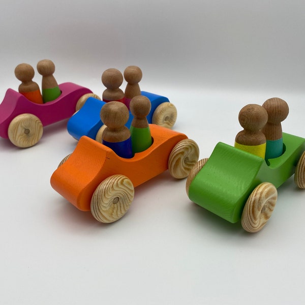 Wooden Toy Cars Set / Peg Dolls Cars Set / 4 Pieces Wooden Cars / Double Seats Wooden Cars Set / Grimms Style