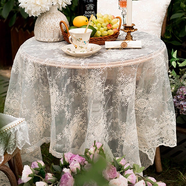 Customizable White Sheer Round Tablecloth - French Lace Decor