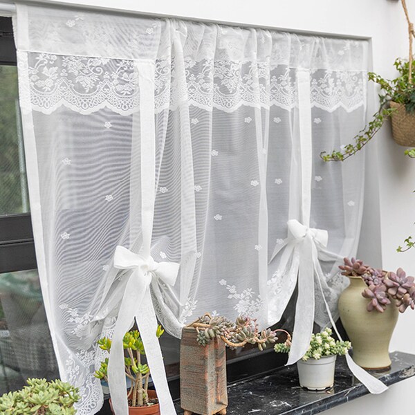 Kitchen Tie-back Curtains, White Lace, Sheer Thin Curtain, Modern Floral Design