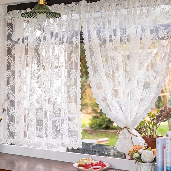 Romantic White Lace Curtain, Embroidered Lace Curtain, Suitable for Kitchen and Small Windows