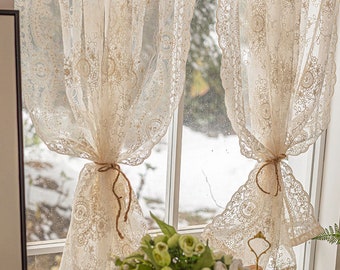 Vintage Lace Sheer Curtain, Rustic Kitchen Short Curtain with a Distressed Charm