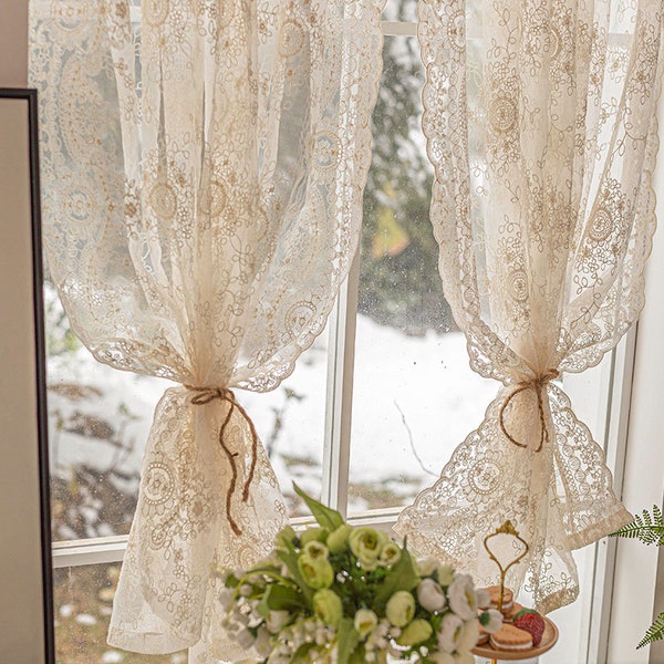 Vintage Lace Sheer Curtain, Rustic Kitchen Short Curtain with a Distressed Charm