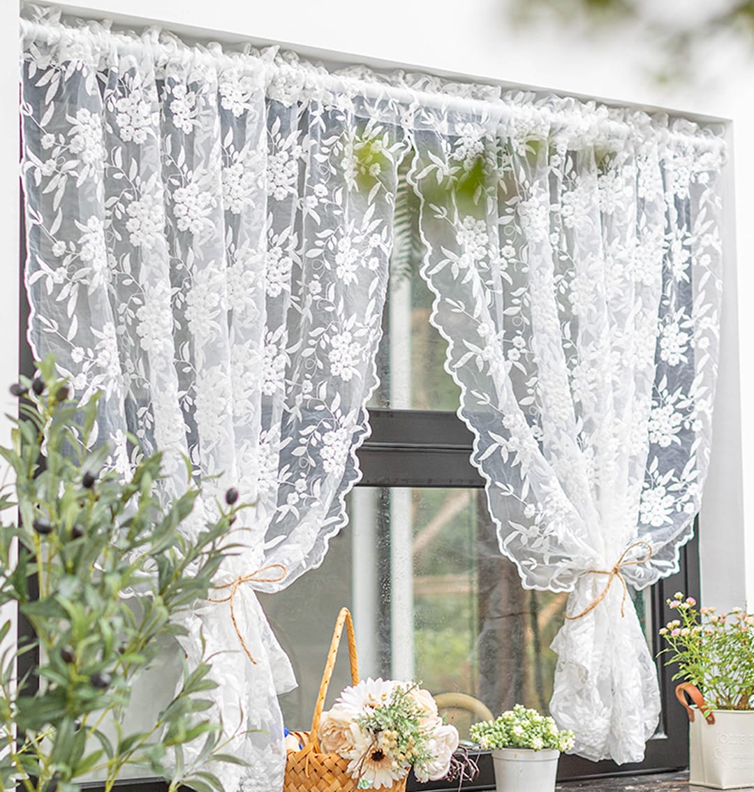 Small Lace Window Curtains, White Lace Door Curtains, Floral Window