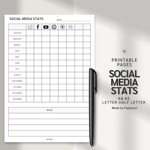 May include: A printable social media stats tracker with a black and white grid. The tracker includes spaces for each month of the year and icons for Instagram, Facebook, Pinterest, Twitter, and email. The text "Printable Pages" and "Social Media Stats" is printed in black on a white background.