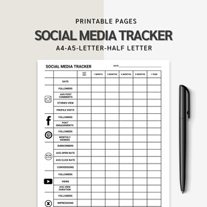 May include: A black and white printable social media tracker sheet with columns for date, followers, average post comments, stories views, profile visits, post engagements, monthly viewers, subscribers, average open rate, average click rate, conversions, views, average view duration, impressions, and followers. The sheet has columns for tracking data for the first day, one month, three months, six months, nine months, and one year.