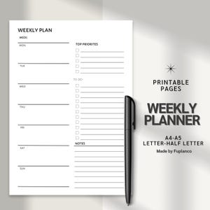 Planificador semanal imprimible / Lista de prioridades y tareas pendientes / Planificador en formato A4, A5 y carta para aumentar la productividad / Organizador semanal minimalista en formato PDF