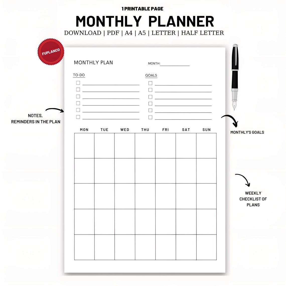 Monthly Planner Printable Monthly to Do List for Work and - Etsy