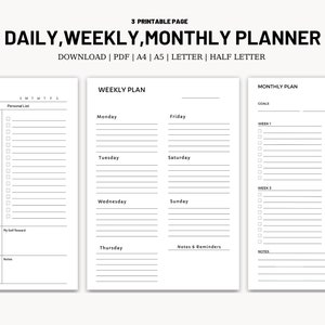 May include: Printable daily, weekly, and monthly planner pages. The pages are designed for use with a standard letter-sized paper.
