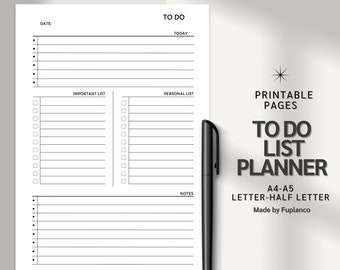 May include: A black and white printable to-do list planner with sections for important, personal, and notes. The planner is designed for A4 or A5 paper and is made by Fuplanco.
