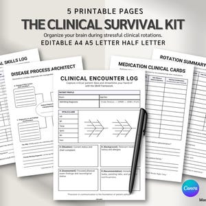 Op de afbeelding: Een verzameling van vijf afdrukbare pagina's getiteld "The Clinical Survival Kit", ontworpen voor het organiseren van informatie tijdens klinische rotaties. De pagina's bevatten logs, grafieken en diagrammen, met een zwarte pen erop. De tekst bevat "Editable A4 A5 Letter Half Letter".