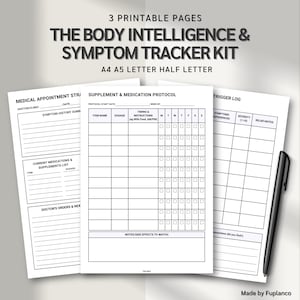 May include: Three printable pages of The Body Intelligence & Symptom Tracker Kit. The pages include a medical appointment sheet, a supplement and medication protocol, and a trigger log. A black pen rests on the right side of the pages. The kit is available in A4, A5, Letter, and Half Letter sizes.
