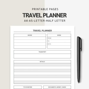 Planejador de viagens para impressão, planejador de férias, cronograma de viagens, itinerário de viagem diário, planejador de viagens, A4/A5/carta/meio, download instantâneo