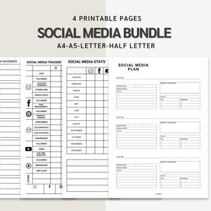 Planificador de éxito en redes sociales: 4 páginas para tamaños A4, A5 y carta. Seguimiento de redes sociales y estadísticas. Ideal para blogueros e influencers.