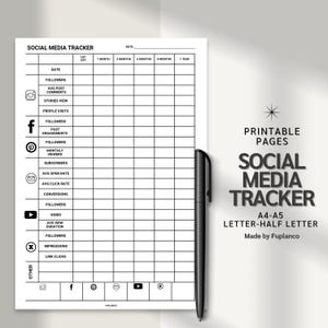 May include: A black and white printable social media tracker sheet with columns for date, followers, average post comments, stories views, profile visits, post engagements, monthly viewers, subscribers, average open rate, average click rate, conversions, views, average view duration, impressions, and link clicks. The sheet includes icons for Instagram, Facebook, Pinterest, email, YouTube, and TikTok.