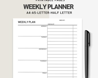 Weekly Planner Printable, Simple Checklist, Minimalist Agenda,  Undated, Weekly Organizer A4 A5 Letter, PDF