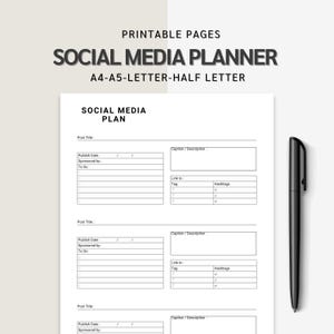 Social Media Planner,Downloadable Content  Posting Organizer, Grow Engagement, Content Planner Sizes:A4 A5 Letter Half Letter PDF